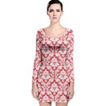 Poppy Red Damask Pattern Long Sleeve Velvet Bodycon Dress