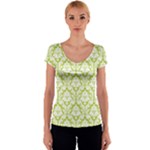 Spring Green Damask Pattern Women s V-Neck Cap Sleeve Top