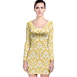 Sunny Yellow Damask Pattern Long Sleeve Velvet Bodycon Dress