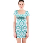 Turquoise Damask Pattern Short Sleeve Bodycon Dress