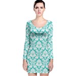 Turquoise Damask Pattern Long Sleeve Velvet Bodycon Dress