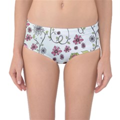 Pink Whimsical Flowers On Blue Mid-waist Bikini Bottoms by Zandiepants