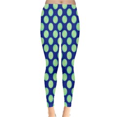 Mod Retro Green Circles On Blue Leggings  by BrightVibesDesign