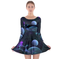 The Music Of My Goddess, Abstract Cyan Mystery Planet Long Sleeve Skater Dress by DianeClancy