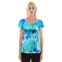 Blue Ice Crystals, Abstract Aqua Azure Cyan Women s Cap Sleeve Top by DianeClancy