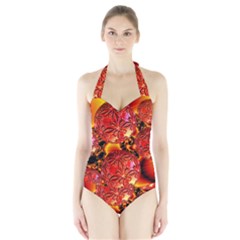  Flame Delights, Abstract Red Orange Women s Halter One Piece Swimsuit by DianeClancy