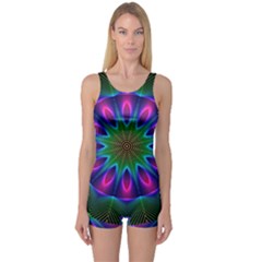 Star Of Leaves, Abstract Magenta Green Forest One Piece Boyleg Swimsuit by DianeClancy