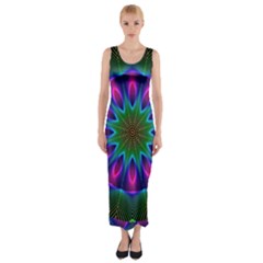 Star Of Leaves, Abstract Magenta Green Forest Fitted Maxi Dress by DianeClancy