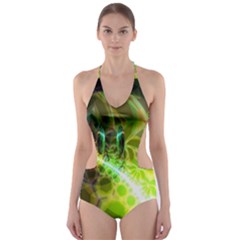 Dawn Of Time, Abstract Lime & Gold Emerge Cut-out One Piece Swimsuit by DianeClancy