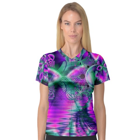  Teal Violet Crystal Palace, Abstract Cosmic Heart Women s V-neck Sport Mesh Tee by DianeClancy