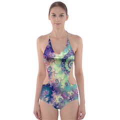 Violet Teal Sea Shells, Abstract Underwater Forest (purple Sea Horse, Abstract Ocean Waves  Cut-out One Piece Swimsuit by DianeClancy