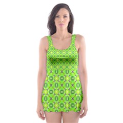 Vibrant Abstract Tropical Lime Foliage Lattice Skater Dress Swimsuit by DianeClancy