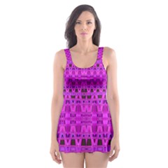 Bright Pink Black Geometric Pattern Skater Dress Swimsuit by BrightVibesDesign