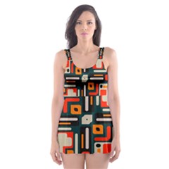 Shapes In Retro Colors Texture                   Skater Dress Swimsuit by LalyLauraFLM