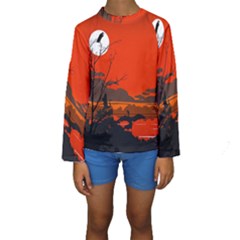 Tropical Birds Orange Sunset Landscape Kid s Long Sleeve Swimwear by WaltCurleeArt