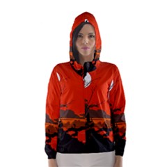 Tropical Birds Orange Sunset Landscape Hooded Wind Breaker (women) by WaltCurleeArt