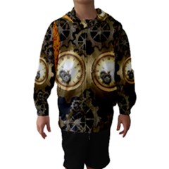 Steampunk Golden Design With Clocks And Gears Hooded Wind Breaker (kids) by FantasyWorld7
