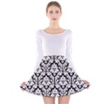 Black & White Damask Pattern Long Sleeve Velvet Skater Dress