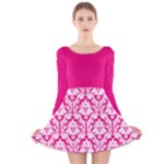 Hot Pink Damask Pattern Long Sleeve Velvet Skater Dress