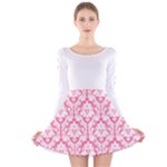 Damask Pattern Pink And White Long Sleeve Velvet Skater Dress