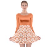 Nectarine Orange Damask Pattern Long Sleeve Skater Dress