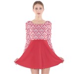 Damask Pattern Poppy Red And White Long Sleeve Velvet Skater Dress