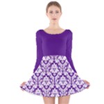 Royal Purple And White Damask Pattern Long Sleeve Velvet Skater Dress