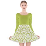 Spring Green Damask Pattern Long Sleeve Velvet Skater Dress