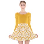 Damask Pattern Sunny Yellow And White Long Sleeve Velvet Skater Dress