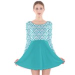 Turquoise Damask Pattern Long Sleeve Velvet Skater Dress