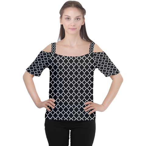 Black White Quatrefoil Classic Pattern Women s Cutout Shoulder Tee by Zandiepants