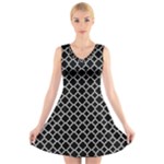 Black White Quatrefoil Classic Pattern V-Neck Sleeveless Skater Dress