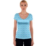 Bright blue quatrefoil pattern Women s V-Neck Cap Sleeve Top
