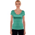 Emerald green quatrefoil pattern Women s V-Neck Cap Sleeve Top