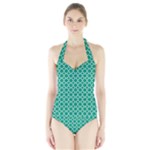 Emerald green quatrefoil pattern Women s Halter One Piece Swimsuit