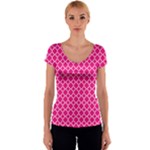 Hot pink quatrefoil pattern Women s V-Neck Cap Sleeve Top