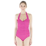 Hot pink quatrefoil pattern Women s Halter One Piece Swimsuit