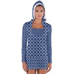 Navy blue quatrefoil pattern Women s Long Sleeve Hooded T-shirt