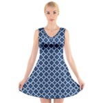 Navy blue quatrefoil pattern V-Neck Sleeveless Dress