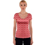 Poppy Red Quatrefoil Pattern Women s V-Neck Cap Sleeve Top