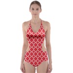 Red White Quatrefoil Classic Pattern Cut-Out One Piece Swimsuit