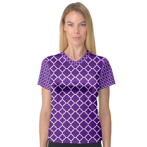 Royal Purple Quatrefoil Pattern Women s V-neck Sport Mesh Tee by Zandiepants