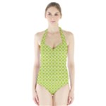 Spring green quatrefoil pattern Women s Halter One Piece Swimsuit