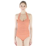 Tangerine orange quatrefoil pattern Women s Halter One Piece Swimsuit