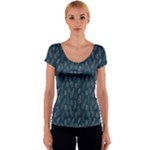 Whimsical Feather Pattern, Midnight Blue, Women s V-Neck Cap Sleeve Top