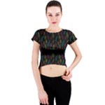 Whimsical Feather Pattern, Bright Pink Red Blue Green Yellow, Crew Neck Crop Top