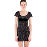 Whimsical Feather Pattern, Bright Pink Red Blue Green Yellow, Short Sleeve Bodycon Dress