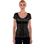 Whimsical Feather Pattern, Bright Pink Red Blue Green Yellow, Women s V-Neck Cap Sleeve Top