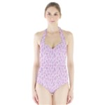Whimsical Feather Pattern, pink & purple, Women s Halter One Piece Swimsuit