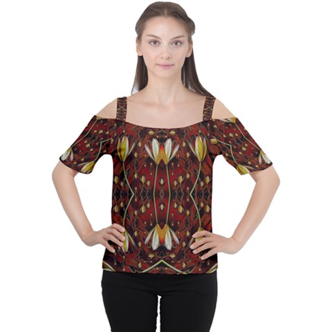 Fantasy Flowers And Leather In A World Of Harmony Women s Cutout Shoulder Tee by pepitasart